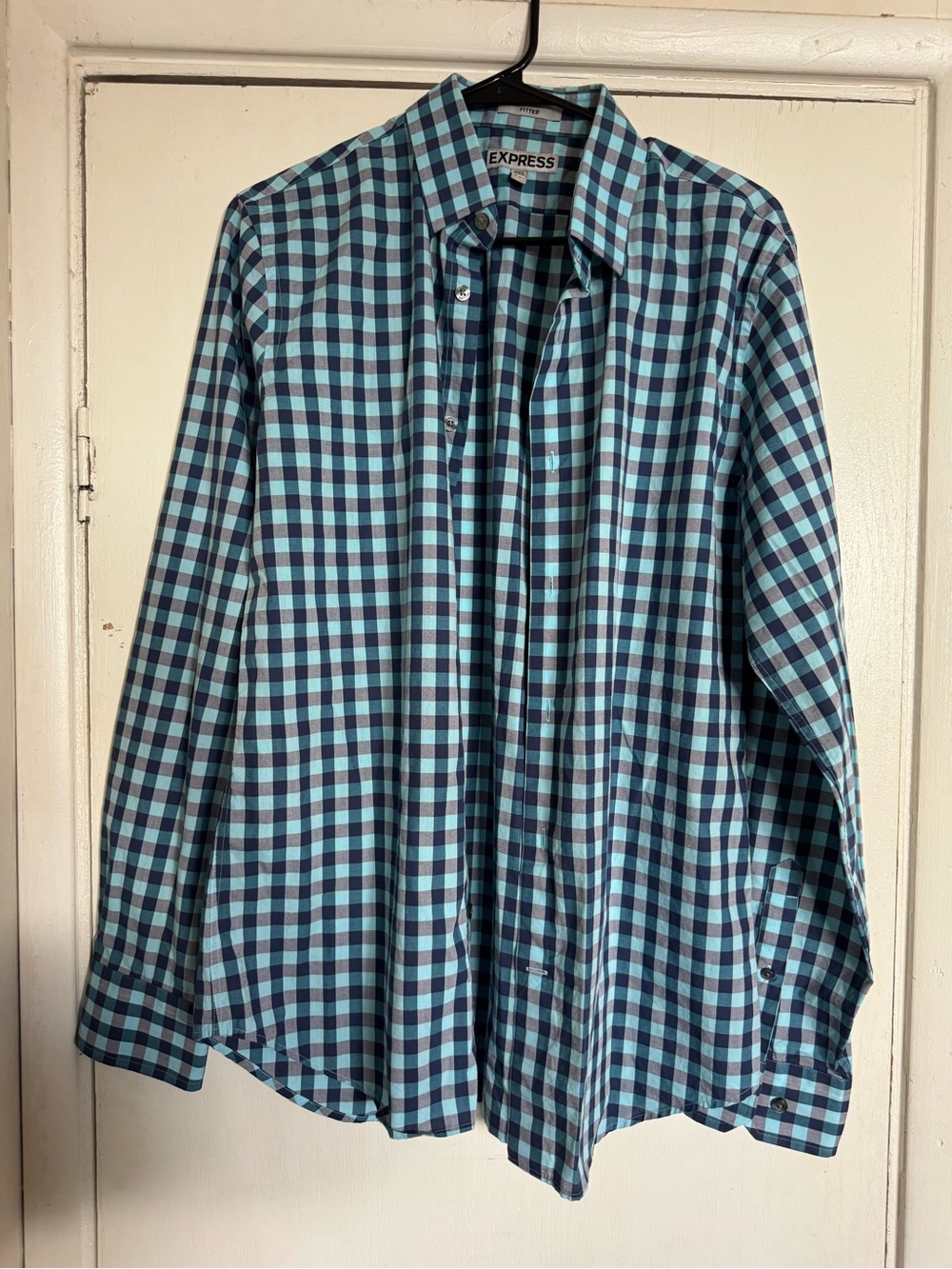 Express Men’s Teal & Navy Plaid Fitted Button-Up Shirt